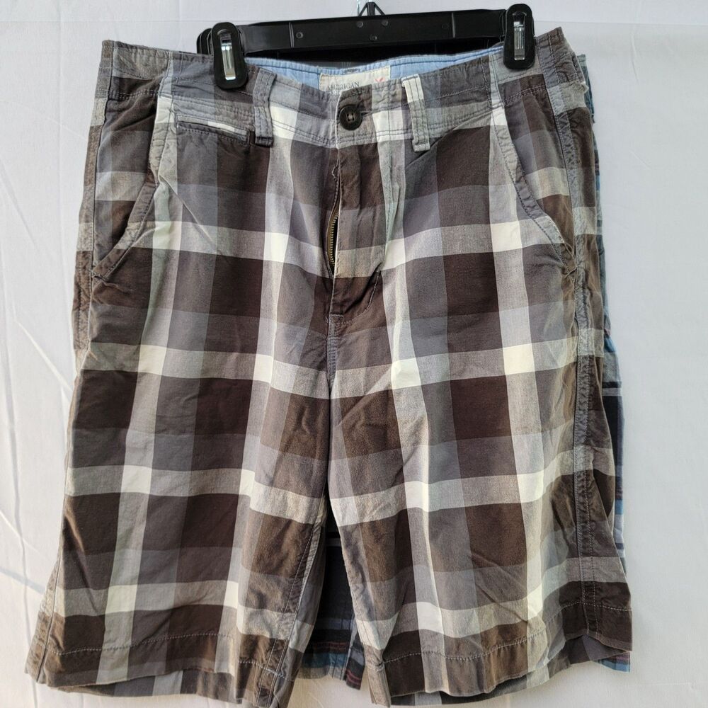 Bundle x2 100% Cotton Plaid Shorts Brown Navy Longer Length Casual Boardwalk 34